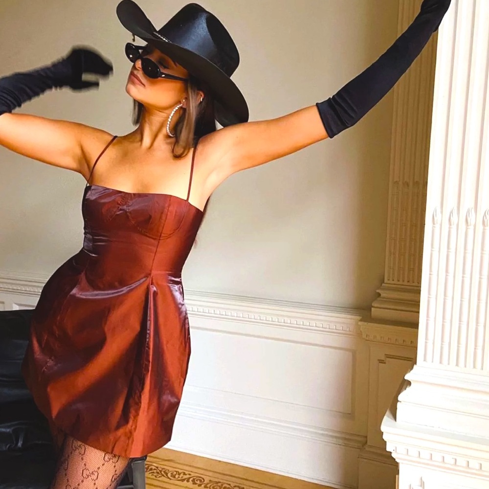 Danielle Bernstein (WeWoreWhat) shiny brown dress